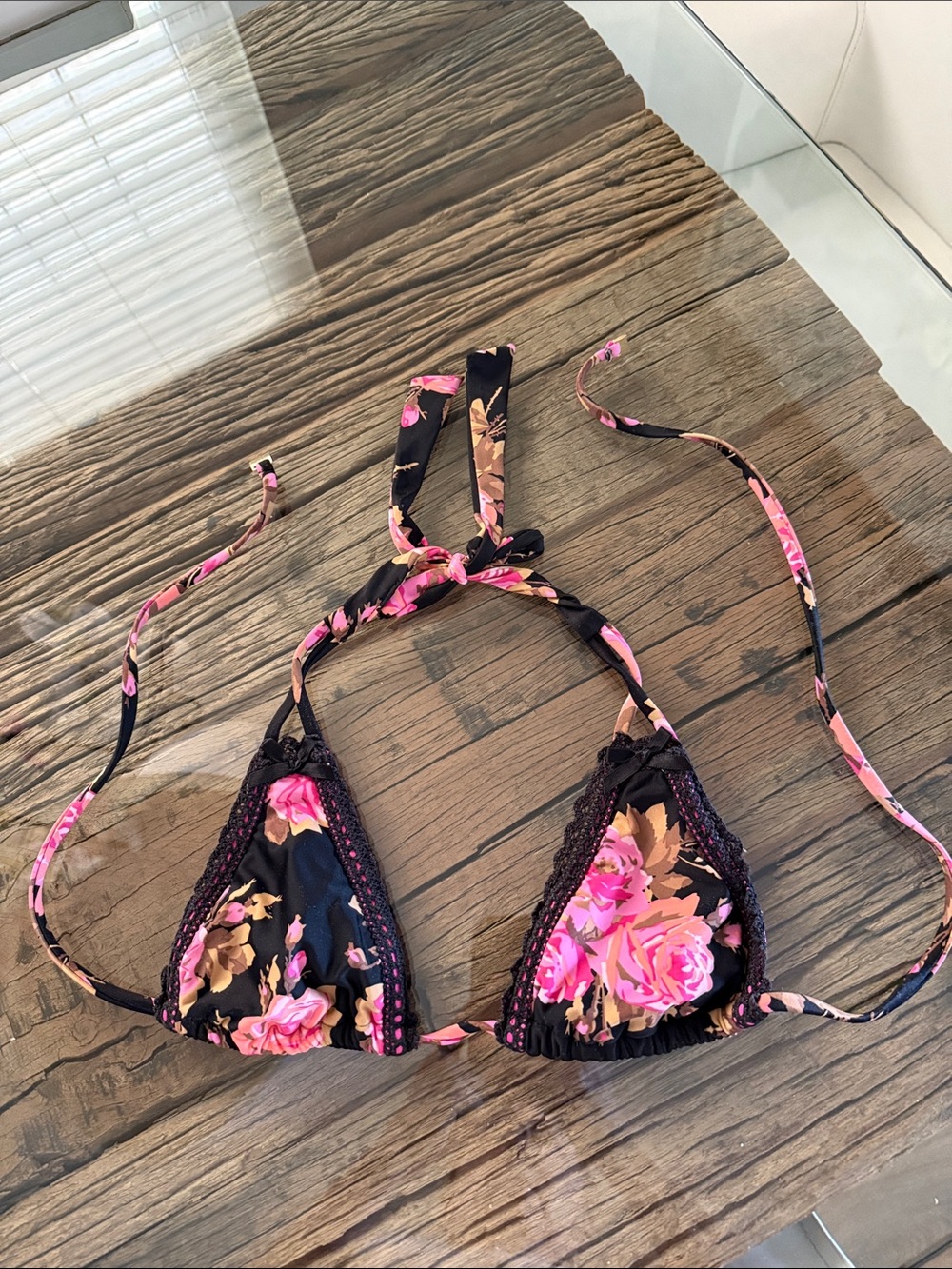 Floral Triangle Bikini Top - Black with Pink Roses